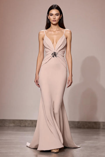 Champagne Satin Ruched Spaghetti Straps Maxi Formal Dress